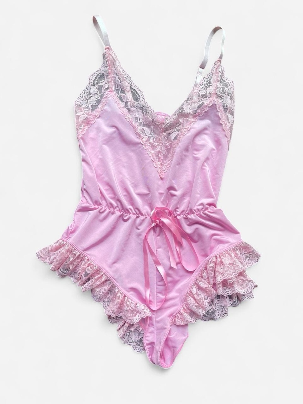 Sugar Thrillz Pink Satin lace bodysuit w ruffled hem, bow detail Sz XS Coquette
